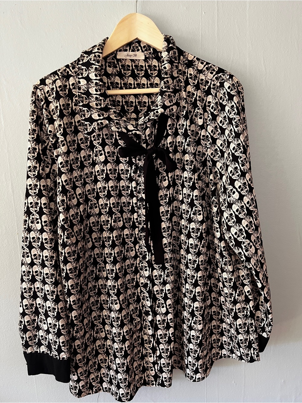 Jessy Black White Skull Print Tie Neck Blouse Gothic Long Sleeve Top